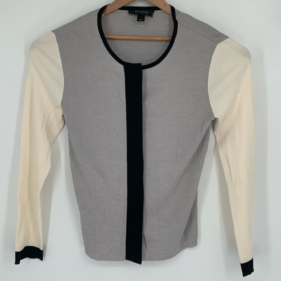 St John Women’s Hidden Button Up Sweater Wool Blend Black/Gray/Cream Sz Large U1 - Picture 1 of 8